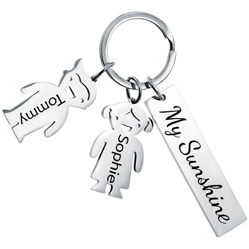 Engraved Rectangle Personalised Keyring with Boy and Girl Charms