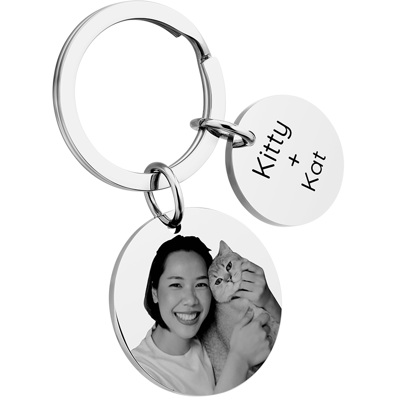 Personalised 2 Circles with Dog or Cat Photo Engraved Keyring