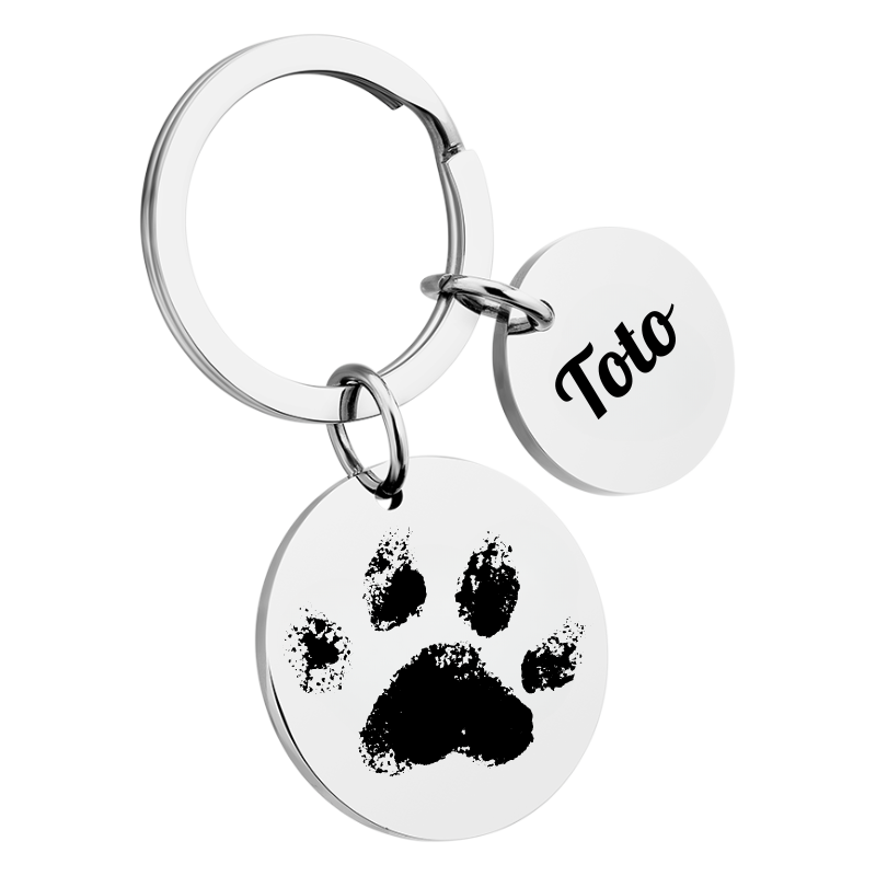 Personalised 2 Circles with Paw and Text Engraved Keyring