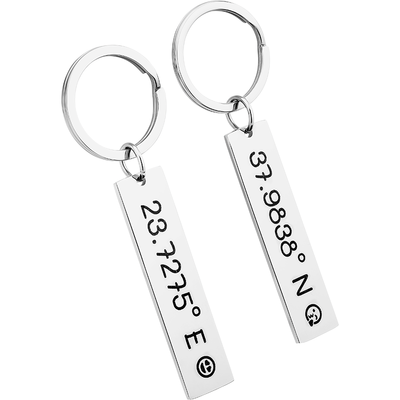 2 Personalised Keyrings with Engraved Coordinates