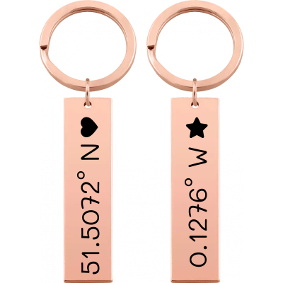 2 Personalised Keyrings with Engraved Coordinates