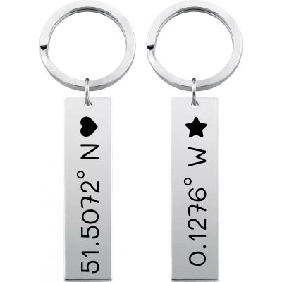2 Personalised Keyrings with Engraved Coordinates