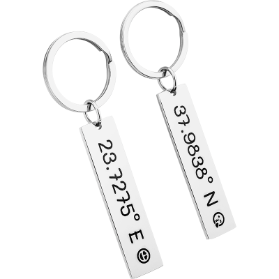 2 Personalised Keyrings with Engraved Coordinates