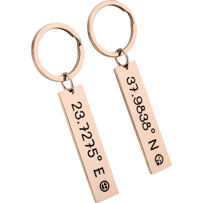 2 Personalised Keyrings with Engraved Coordinates