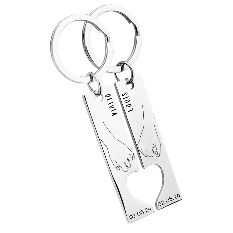 Personalised Couples' Holding Hands Heart Keyrings—Engraved Names and Dates
